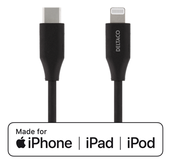 Изображение Mob. telefono kabelis DELTACO USB-C su Lightning jungtimi, 2m, juodas / IPLH-321M