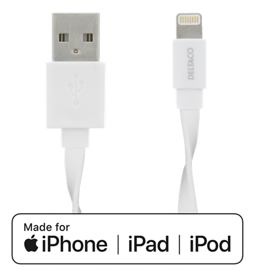 Изображение Mob. telefono kabelis DELTACO USB-iPhone, iPad, iPod 1m, baltas / IPLH-165