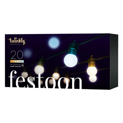 Изображение TwinklyFestoon Smart LED Lights 40 AWW (Gold+Silver) G45 bulbs, 20mAWW – Cool to Warm white