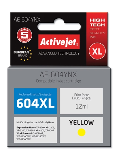 Изображение Activejet AE-604YNX Ink Cartridge (replacement for Epson 604XL C13T10H44010; Supreme; yield of 350 pages; 12 ml; yellow)