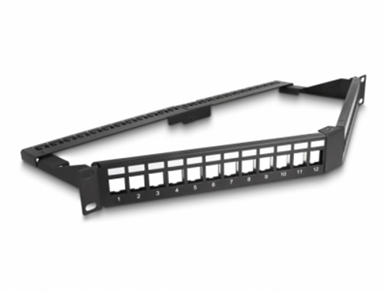 Изображение Delock 19″ Keystone Patch Panel 24 port with strain relief 1U angled black