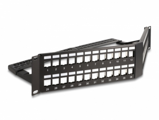 Picture of Delock 19″ Keystone Patch Panel 48 port with strain relief 2U angled black