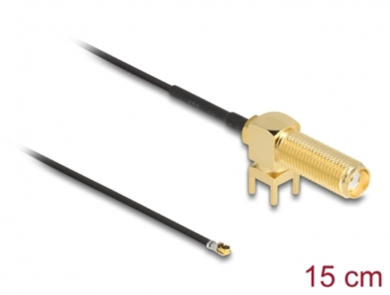 Picture of Delock Antenna Cable SMA 90° PCB jack bulkhead to I-PEX Inc., MHF® 4L plug 1.13 15 cm thread length 15 mm