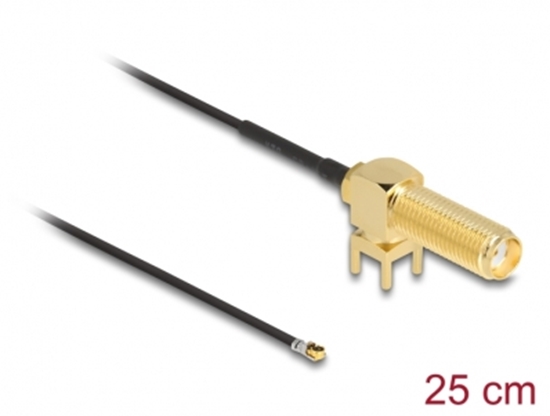 Picture of Delock Antenna Cable SMA 90° PCB jack bulkhead to I-PEX Inc., MHF® 4L plug 1.13 25 cm thread length 15 mm