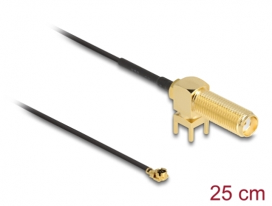 Picture of Delock Antenna Cable SMA 90° PCB jack bulkhead to I-PEX Inc., MHF® I plug 1.13 25 cm thread length 15 mm