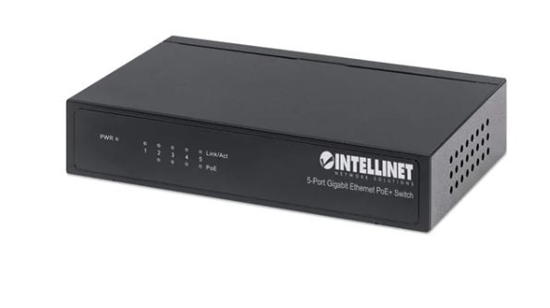 Picture of Intellinet 5-Port Gigabit Ethernet PoE+ Switch, 4 x PSE Ports, IEEE 802.3at/af Power over Ethernet (PoE+/PoE) Compliant, 60 W, Desktop (Euro 2-pin plug)