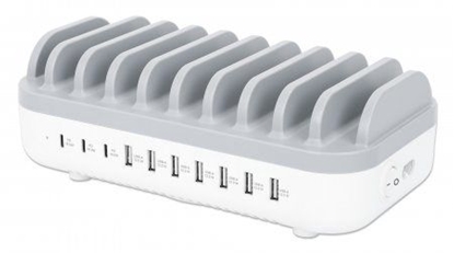 Изображение Manhattan Charging Station, 10x Ports: 3x USB-C (up to 18W PD) and 7x USB-A (up to 12W), 120W Total Output, White/Grey, Three Year Warranty, Box