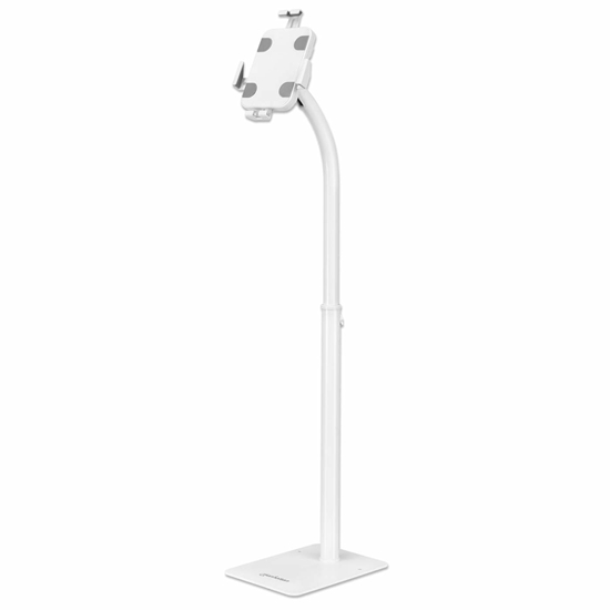 Picture of Manhattan Floor Stand (Anti theft) for Tablet and iPad, Universal, 360° Rotation, Tilt +20° to -110°, White, Lockable, Tablets 7.9" to 11", Height adjustable 790 to 1190mm,Extendable clamps: height 200 to 246mm/width 129 to 181mm,Can be bolted to floor (p