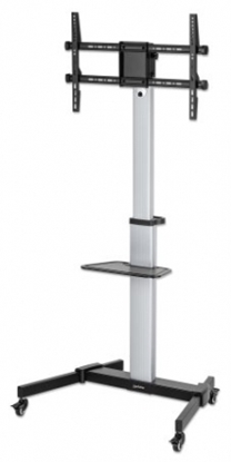 Изображение Manhattan TV & Monitor Mount, Trolley Stand, 1 screen, Screen Sizes: 37-86", -10 to 5° Tilt, 90° Rotation, Silver/Black, VESA 200x200 to 600x400mm, Max 50kg, Height adjustable 1200 to 1600mm, AV/Laptop shelf, Aluminium, LFD, Lifetime Warranty