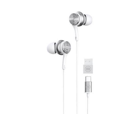 Picture of Maxell XC1 USB-C wired headphones with USB-A adapter white