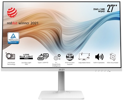 Attēls no MSI Modern MD272QPW 27 Inch Monitor with Adjustable Stand, WQHD (2560 x 1440), 75Hz, IPS, 4ms, HDMI, DisplayPort, USB Type-C, Built-in USB Hub, Built-in Speakers, Anti-Glare, Anti-Flicker, Less Blue light, TÜV Certified, VESA, White