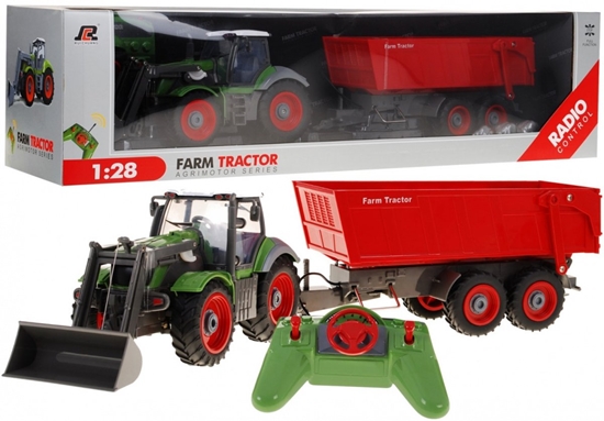 Изображение RoGer Green Farm Tractor Green with Red Trailer 1:28