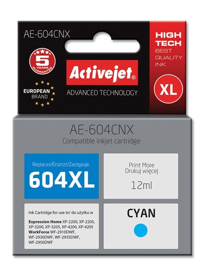 Изображение Tusz Activejet Activejet Tusz AE-604CNX - zamiennik Epson 604XL C13T10H24010 Supreme wydajność 350 stron 12 ml cyan -