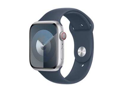 Picture of Apple Watch Series 9 GPS + Cellular 45mm Silver Aluminium Case with Storm Blue Sport Band - S/M EOL