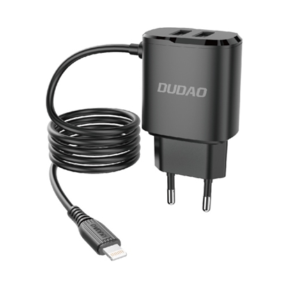 Attēls no Dudao EU tīkla lādētājs ar 2x USB un iebūvētu 12W Lightning vadu 1m Black