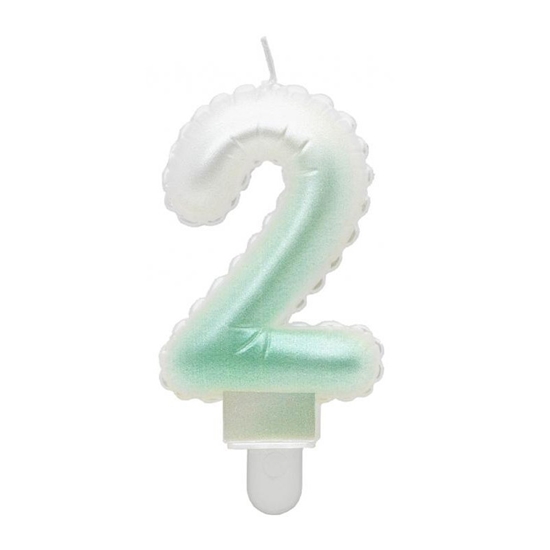 Picture of GoDan Tortes svece - Gaisa Balons Skaitlis 2 (7cm) White/Green Ombre