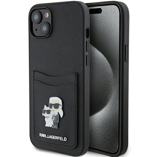 Picture of Karl Lagerfeld Saffiano Cardslot Karl&Choupette Metal Pin Back Case for Apple iPhone 15