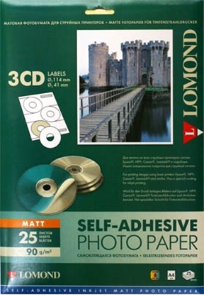 Attēls no Lomond Self Adhesive Inkjet Photo Paper Matte A4, 25 sheets x3CD 114/41mm