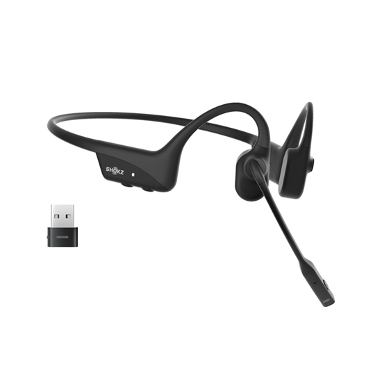 Изображение SHOKZ OpenComm2 UC Wireless Bluetooth Bone Conduction Videoconferencing Headset with USB-A adapter | 16 Hr Talk Time, 29m Wireless Range, 1 Hr Charge Time | Includes Noise Cancelling Boom Mic and Dongle, Black (C110-AA-BK)