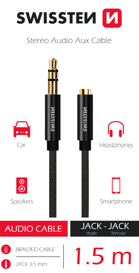 Изображение Swissten Textile Audio Cable 3,5 mm (male) / 3,5 mm (female) / 1.5m