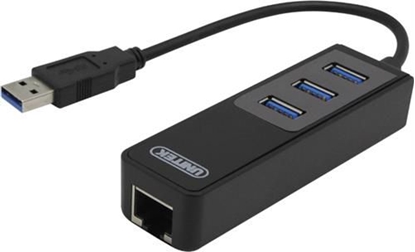 Picture of USB 3.0 Network Adapter , 10/100 / 1000Mbps , 1xRJ45, 1xUSB3.0 Type A ha, 3x USB3.0 Type A ho, black