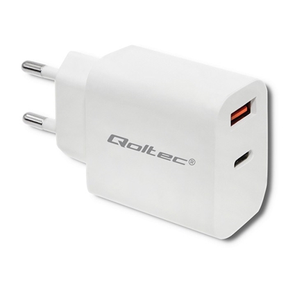 Изображение Qoltec 51714 Charger | 18W | 5-12V | 1.5-3A | USB type C PD | USB QC 3.0 | White