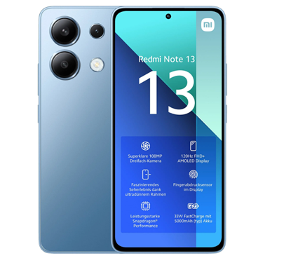 Изображение Xiaomi | Redmi | Note 13 | Ice Blue | 6.67 " | AMOLED | 1080 x 2400 pixels | Qualcomm SM6225 | Snapdragon 685 (6 nm) | Internal RAM 6 GB | 128 GB | Dual SIM | Nano-SIM | 4G | Main camera resolution 108+8+2 MP | Secondary camera resolution 16 MP | Android 