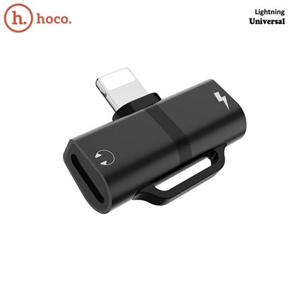 Изображение Hoco L20 T-Veida Lightning Kabeļu Audio Adapteris uz Lightning Austiņu Ligzdu + Lightning Uzlādes Ligzdu Melns