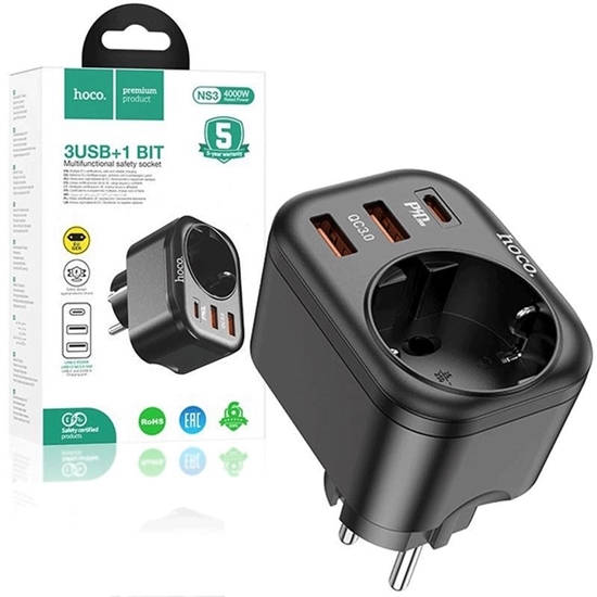 Picture of Hoco NS3 Adapteris - lādētājs ar 2xUSB / 1xUSB-C / 1xEU socket / 3A 20W Black