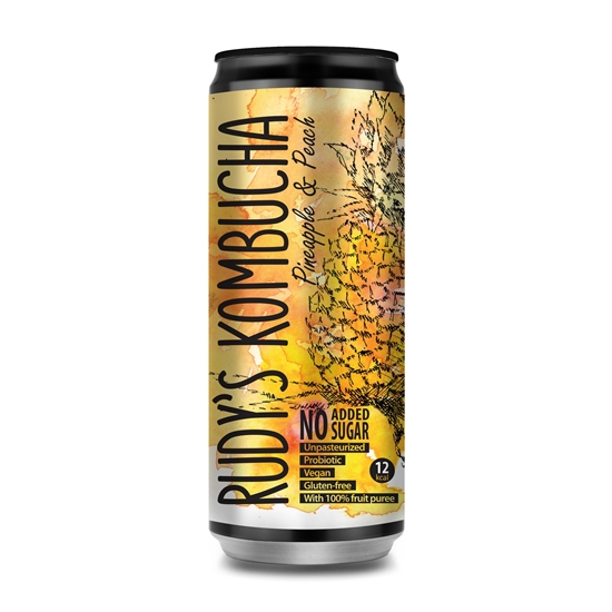 Изображение Tējas dzēriens RUDY'S Kombucha Pineapple&Peach, bundžā, 0.33l (DEP)