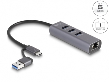Attēls no Delock 3 Port USB 5 Gbps Hub + Gigabit LAN with USB Type-C™ or USB Type-A connector in metal case