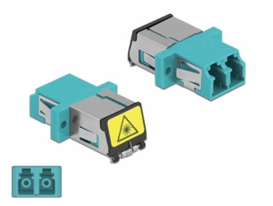 Picture of Delock Optical Fiber Coupler with laser protection flip LC Duplex female to LC Duplex female Multi-mode aqua