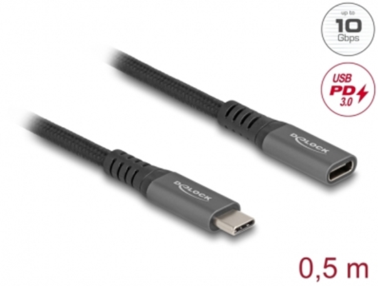 Изображение Delock USB 10 Gbps Extension Cable USB Type-C™ male to female PD 3.0 100 W 0.5 m grey metal