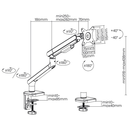 Picture of Ergo Office ER-751 Monitor Desk Mount Gas Spring 9kg Adjustable VESA 75x75 100x100 17" - 32" White Silver Clamp Mount Single Arm LED LCD QLED OLED