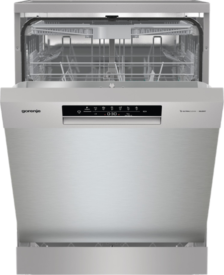 Изображение Dishwasher | GS643E90X | Free standing | Width 59.9 cm | Number of place settings 16 | Number of programs 6 | Energy efficiency class E | Display | AquaStop function | Silver