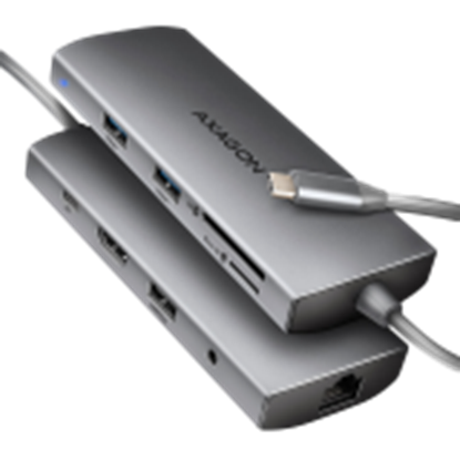 Изображение HMC-8HLSA Wieloportowy hub USB-C 3.2 Gen 1 hub, 3x USB-A + 4K/30Hz HDMI + SD/microSD, GLAN, Audio, PD 100W, 20cm USB-C kabel