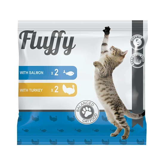 Picture of Konservi kaķiem Fluffy ar lasi x2, ar tītaru x2, 400g