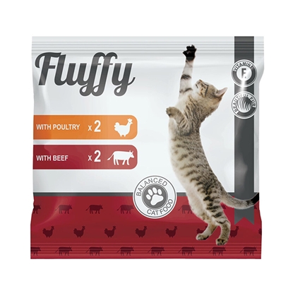 Изображение Konservi kaķiem Fluffy putnu gaļu x2, ar liellopu x2, 400g