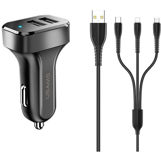 Изображение Ładowarka samochodowa 2xUSB 2,1A 3w1 kable microUSB/USB-C/Lightning