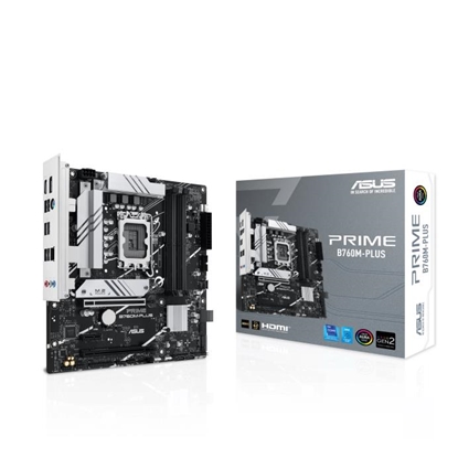 Attēls no Mainboard|ASUS|Intel B760 Express|LGA1700|Micro-ATX|Memory DDR5|Memory slots 4|1xPCI-Express 4.0 1x|2xPCI-Express 4.0 16x|2xM.2|1xHDMI|1xDisplayPort|4xUSB 2.0|2xUSB 3.2|1xPS/2|1xRJ45|3xAudio port|PRIMEB760M-PLUS