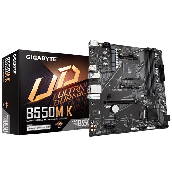 Изображение Mainboard|GIGABYTE|AMD B550|SAM4|Micro-ATX|Memory DDR4|Memory slots 4|1xPCI-Express 3.0 1x|1xPCI-Express 4.0 16x|2xM.2|1xHDMI|1xDisplayPort|2xAudio-In|1xAudio-Out|4xUSB 2.0|4xUSB 3.2|1xPS/2|1xRJ45|B550MK1.1