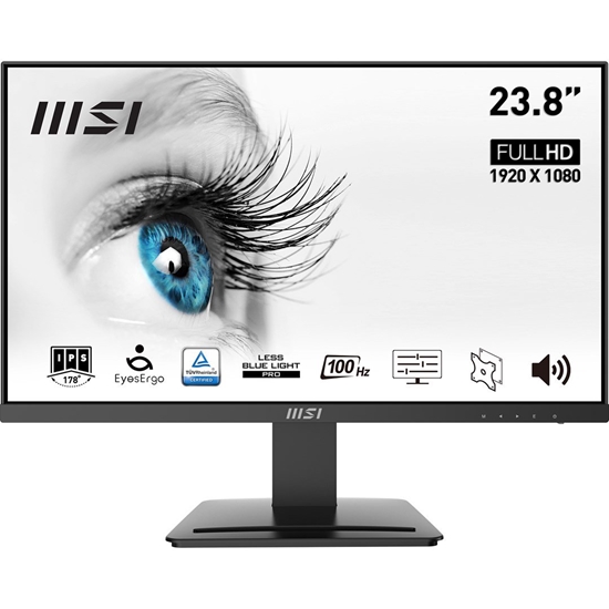 Picture of MSI Pro MP243X 23.8 Inch Monitor, Full HD (1920 x 1080), 100Hz, IPS, 4ms, HDMI, DisplayPort, Built-in Speakers, Anti-Glare, Anti-Flicker, Less Blue light, TÜV Certified, VESA, Kensington, Black