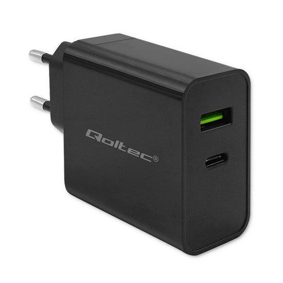 Picture of Qoltec 52378 Super Quick PD Charger | 1xUSB-C | 1xUSB | 45W | 5-20V | 2.25-3A | Black