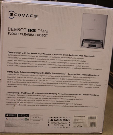 Picture of SALE OUT. Ecovacs Vacuum cleaner DEEBOT T20 OMNI Ecovacs Wet&Dry Operating time (max) 260 min Lithium Ion 5200 mAh Dust capacity 0.4 L 6000 Pa White Battery warranty 24 month(s) DAMAGED PACKAGING, UNPACKED, USED, DIRTY, SCRATCHES 24 month(s) | Ecovacs | V