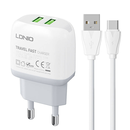 Изображение Sienas lādētājs LDNIO A2219 2USB + USB-C kabelis