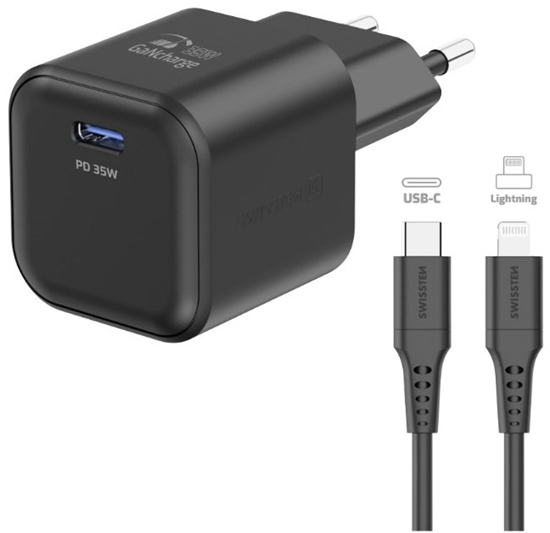 Изображение Swissten Travel Charger GaN USB-C 35W PD + Data Cable USB-C - Lightning 1.2m