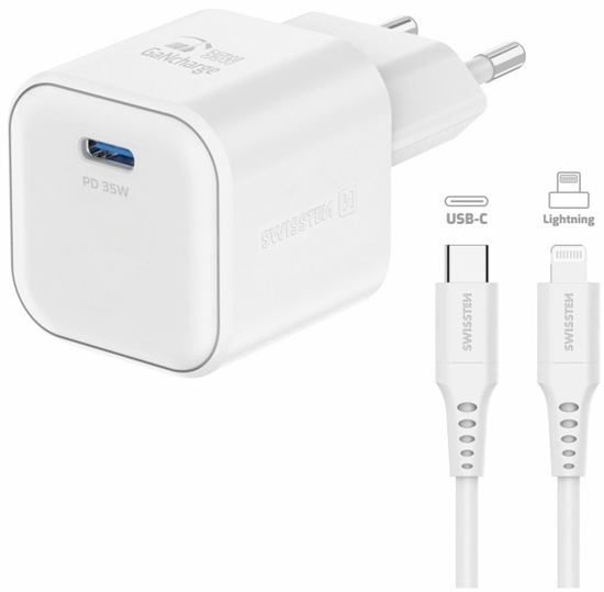 Изображение Swissten Travel Charger GaN USB-C 35W PD + Data Cable USB-C - Lightning 1.2m