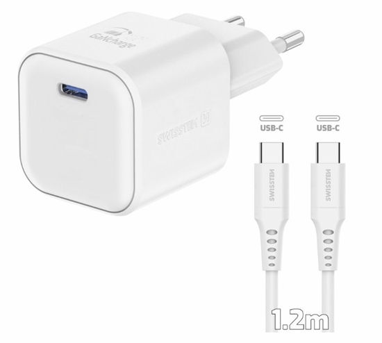 Изображение Swissten Travel Charger GaN USB-C 35W PD + Data Cable USB-C - USB-C 1.2m