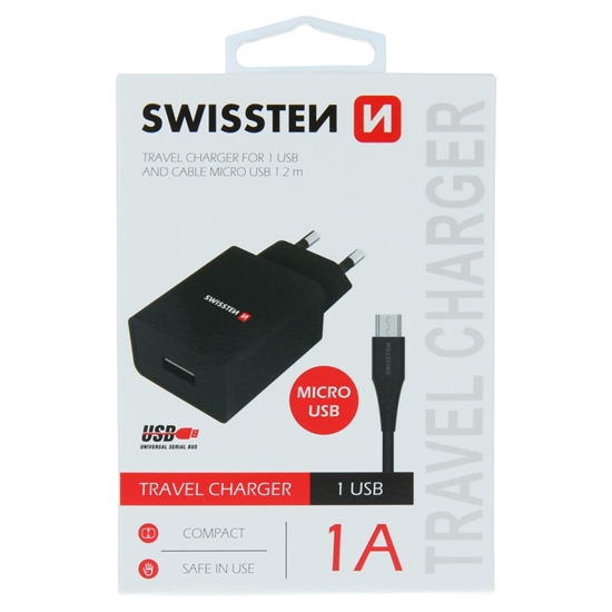 Изображение Swissten Travel Charger Smart IC USB 1A + Data Cable USB / Micro USB 1.2m