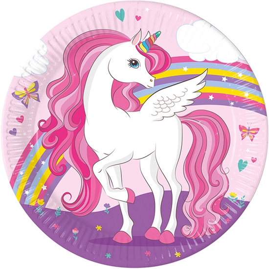 Изображение Šķīvji papīra Unicorn Rainbow 23cm 8gab.